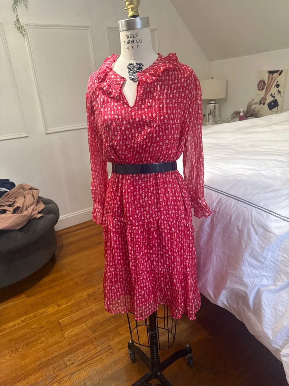 Red Printed Long-Sleeve Ruffle Dress
